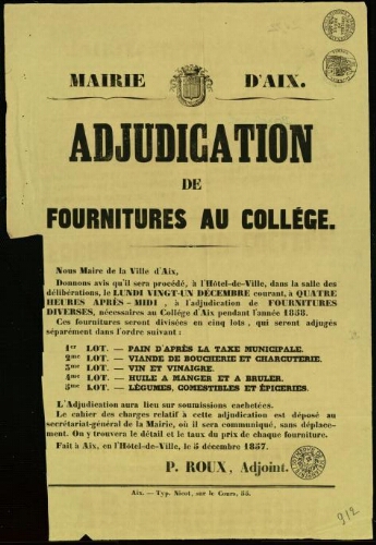 Adjudication de fournitures au collège / Mairie d'Aix