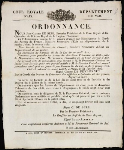 Ordonnance / Cour royale d'Aix. Département du Var (bis)