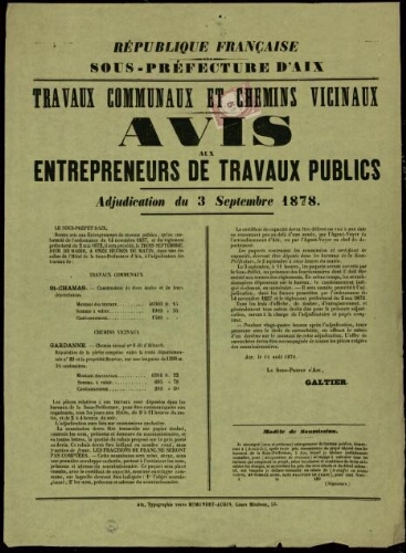 Travaux communaux  et chemins vicinaux : avis aux entrepreneurs de travaux publics. Adjudication du 3 septembre 1878 / Sous-préfecture d'Aix