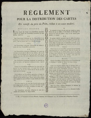 Règlement pour la distribution des cartes en remise du prix du pain, réduit à un taux modéré / Conseil général de la commune d'Aix