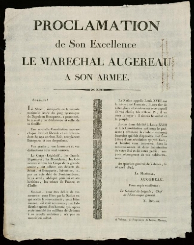 Proclamation de son excellence, le maréchal Augereau à son Armée