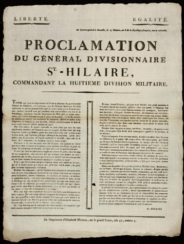 Proclamation du général divisionnaire St-Hilaire, commandant de la huitième division militaire