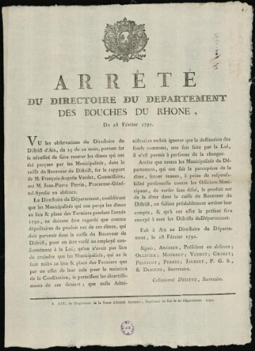 Arrêté du Directoire du Département des Bouches-du-Rhône