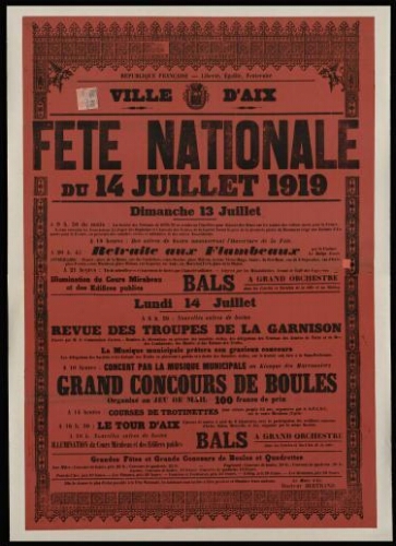Fête nationale du 14 juillet 1919 / Mairie d'Aix