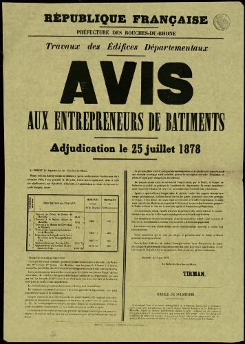 Travaux des édifices départementaux : avis aux entrepreneurs de bâtiments. Adjudication le 25 juillet 1878 / Préfecture des Bouches-du-Rhône