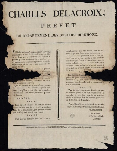 Charles Delacroix, préfet du département des Bouches-du-Rhône... arrête : tous les ports d’armes... sont nuls et non avenus