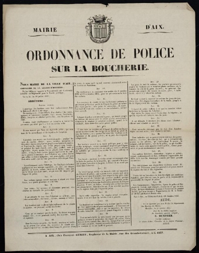 Ordonnance de police sur la boucherie  / Mairie d'Aix