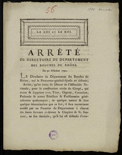 Arrêté du Directoire des Bouches-du-Rhône. Du 30 octobre 1790