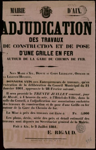 Adjudication des travaux de construction et de pose d'une grille en fer autour de la gare du chemin de fer / Mairie d'Aix