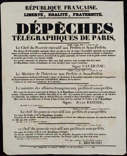 Dépêches télégraphiques de Paris, [des 24 et 25 juin...] Paris est mis en état de siège   / [Préfecture des Bouches-du-Rhône]