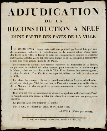 Adjudication de la reconstruction à neuf d'une partie des pavés de la ville. Avis du Maire d'Aix. / Mairie d'Aix