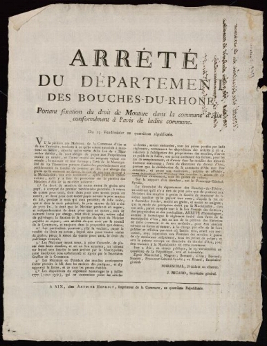 Arrêté du département des Bouches-du-Rhône, portant fixation du droit de mouture dans la commune d'Aix, conformément à l'avis de ladite commune