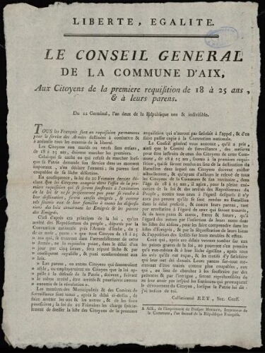 Le Conseil général de la commune d'Aix, aux citoyens de la premiere requisition de 18 à 25 ans, & à leurs parens