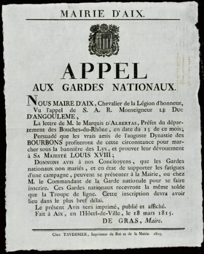 Appel aux gardes nationaux / Mairie d'Aix