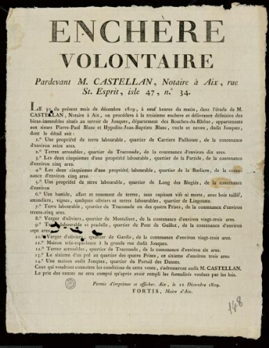 Enchère volontaire pardevant M. Castellan, Notaire à Aix, rue St. Esprit, isle 47, n°34