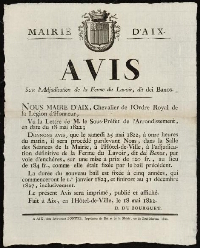 Avis sur l'adjudication de la ferme du lavoir, dit dei Banos / Mairie d'Aix