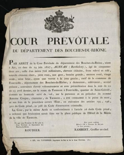 [Arrêt concernant la condamnation de Auffan (Barthelemy) pour homicide et vol] / Cour prévôtale du Département des Bouches-du-Rhône