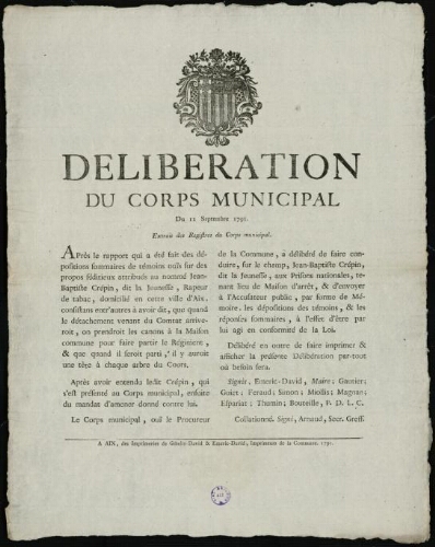 Deliberation du corps municipal du 12 septembre 1791. Extrait des registres du corps municipal / [Mairie d’Aix]
