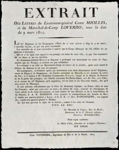 Extrait des lettres du Lieutenant général comte Miollis et du Maréchal de camps Loverdo, sous la date du 9 mars 1815. / Mairie d'Aix