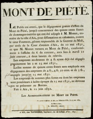 Mont-de-Piété. ' Le public est averti que le dégagement gratuit d'effets du Mont de Piété... / [Mairie d’Aix]