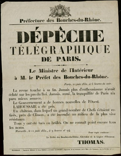 Dépêche télégraphique de Paris : « … La revue touche à sa fin. Jamais plus d’enthousiasme n’avait éclaté sur les pas du roi... » / Préfecture des Bouches-du-Rhône