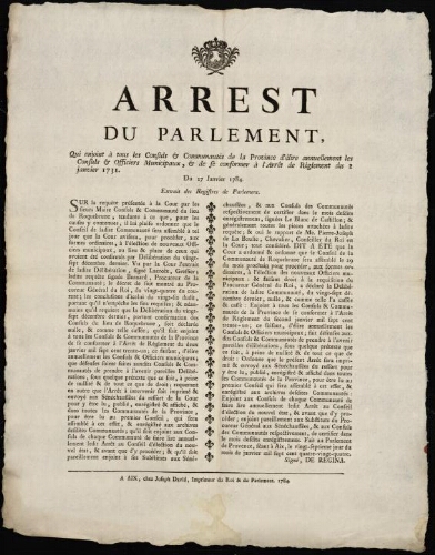 Arrest du Parlement, qui enjoint à tous les consuls & communautés de la province d’élire annuellement les consuls & officiers municipaux, & de se conformer à l'arrêt de règlement du 2 janvier 1731. Extrait des registres du Parlement