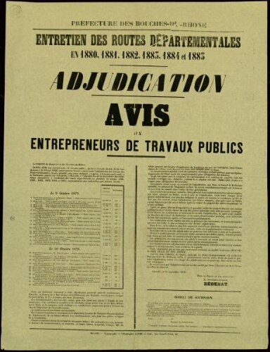 Entretien des routes départementales en 1880, [...], 1885 : avis aux entrepreneurs de travaux public. Adjudication / Préfecture des Bouches-du-Rhône