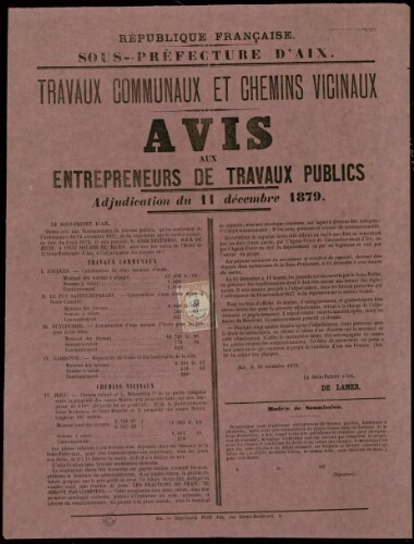 Travaux communaux et chemins vicinaux : avis aux entrepreneurs de travaux publics. Adjudication du 11 décembre 1879 / Sous-préfecture d'Aix