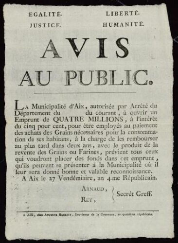 Avis au public. La municipalité d’Aix... à ouvrir un emprunt de quatre millions... au paiement des achats des grains...