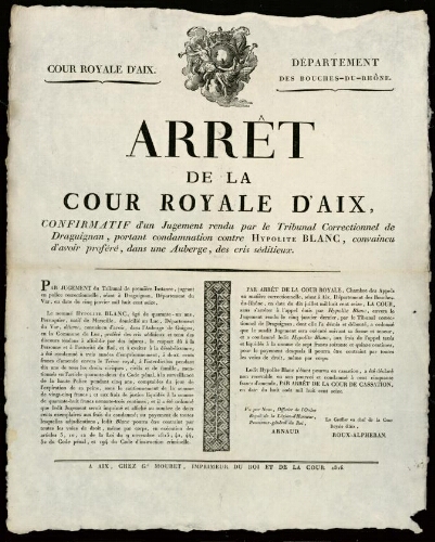 Arrêt de la Cour royale d'Aix confirmatif d'un jugement rendu par le tribunal correctionnel de Draguignan, portant condamnation contre Blanc (Hypolite), convaincu d'avoir proféré, dans une Auberge, des cris séditieux.