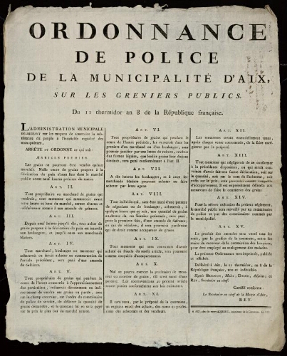Ordonnance de police de la municipalité d'Aix sur les greniers publics / Brignon, Maire ; Daime, adjoint