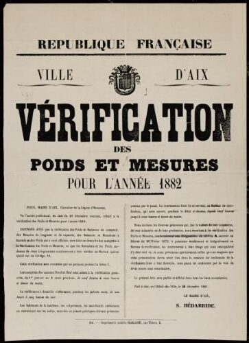 Vérification des poids et mesures pour l'année 1882 / Ville d’Aix