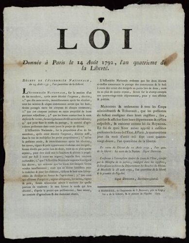 Loi donnée à Paris, le 14 août 1792, l'an quatrième de la liberté