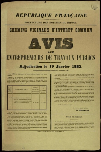 Chemins vicinaux d'intérêt commun : avis aux entrepreneurs de travaux publics. Adjudication le 19 janvier 1882 / Préfecture des Bouches-du-Rhône