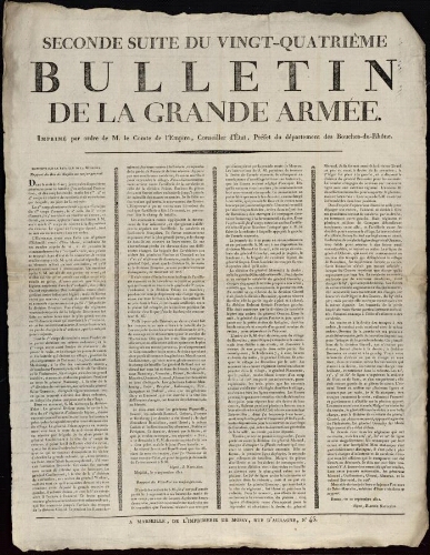 Seconde suite du vingt-quatrième bulletin de la grande armée, imprimé par ordre de M. le comte de l'Empire, conseiller d’État, préfet du département des Bouches-du-Rhône.
