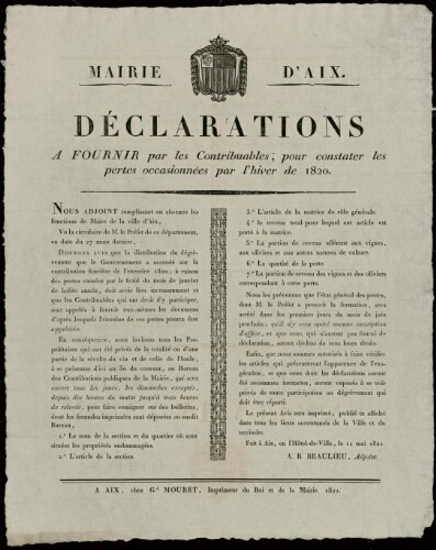 Déclarations à fournir par les contribuables, pour constater les pertes occasionnées par l'hiver de 1820 / Mairie d'Aix