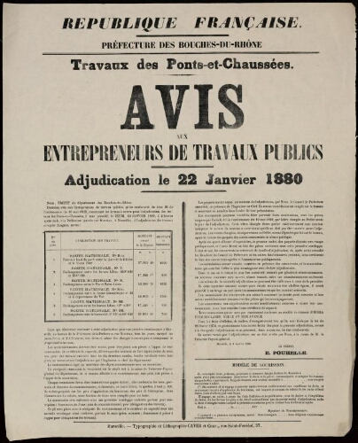 Travaux des ponts-et-chaussées : avis aux entrepreneurs de travaux publics. Adjudication le 22 janvier 1880 / Préfecture des Bouches-du-Rhône