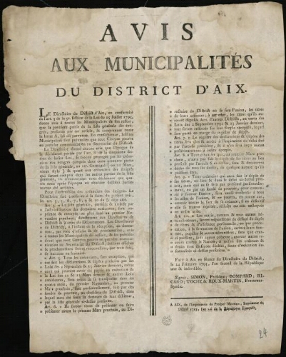 Avis aux municipalités du district d'Aix