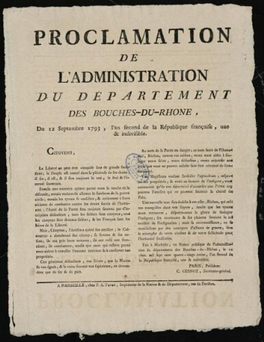 Proclamation de l'administration du département des Bouches-du-Rhône