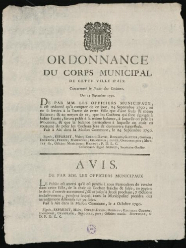 Ordonnance du corps municipal de cette ville d'Aix. Concernant le poids des cochons. Du 24 septembre 1790 / [Mairie d’Aix]