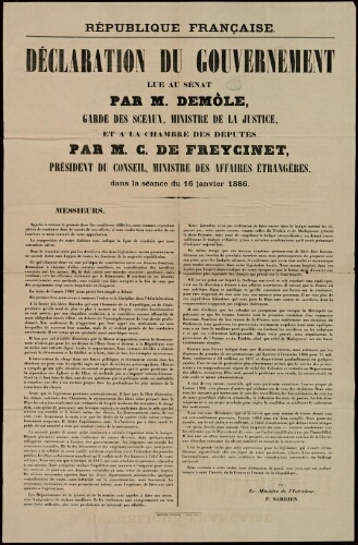 Déclaration du gouvernement lue au Sénat par M. Demôle, ... et à la chambre des députés par M. C. de Freycinet, … dans la séance du 16 janvier 1886