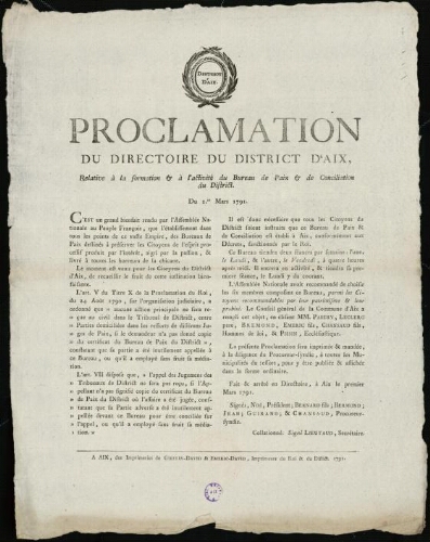 Proclamation du Directoire du District d'Aix, relative à la formation & à l'activité du bureau de Pais & de Conciliation du District