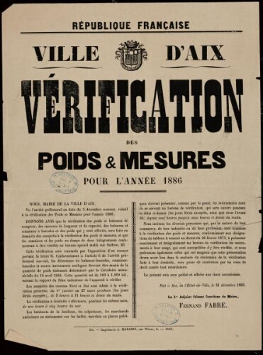 Vérification des poids & mesures pour l'année 1886 / Ville d’Aix