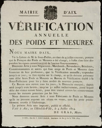 Vérification annuelle des poids et mesures / Mairie d'Aix