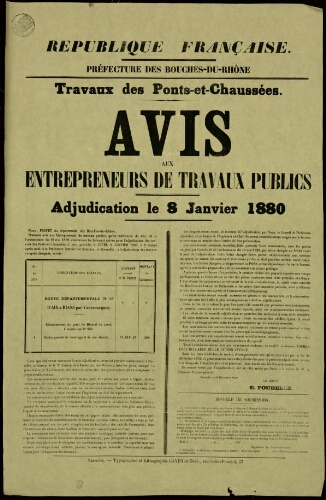 Travaux des Ponts-et-Chaussées : avis aux entrepreneurs de travaux publics. Adjudication le 8 janvier 1880 / Préfecture des Bouches-du-Rhône