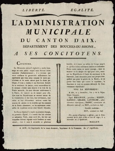 L'Administration municipale du Canton d'Aix, département des Bouches-du-Rhône, à ses concitoyens