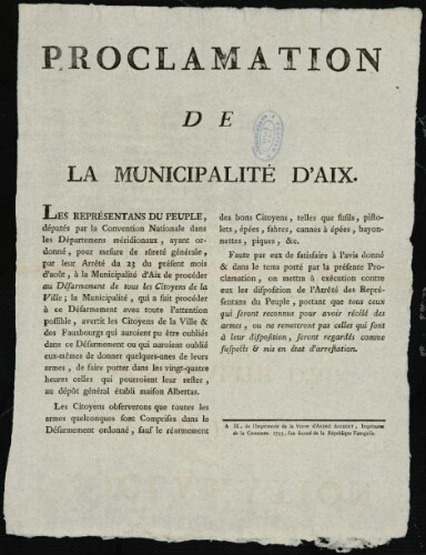 Proclamation de la municipalité d'Aix  / [Mairie d’Aix]