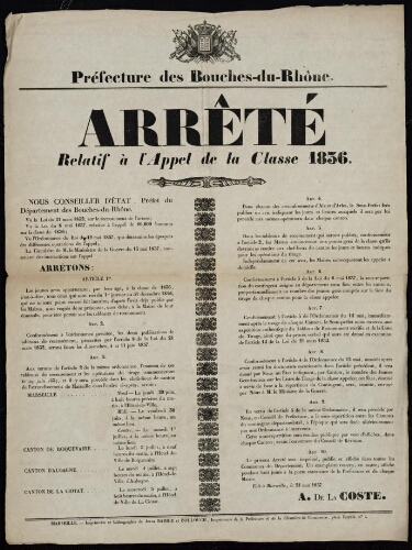 Arrêté relatif à l'appel de la classe 1836   / Préfecture des Bouches-du-Rhône