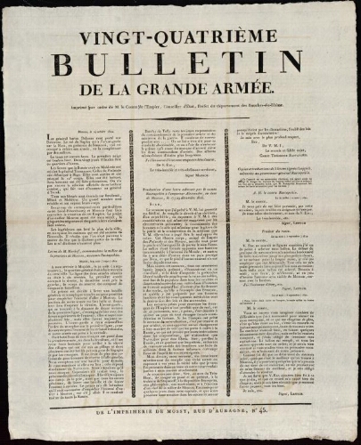 Vingt-quatrième bulletin de la grande armée, imprimé par ordre de M. le comte de l'Empire, conseiller d’État, préfet du département des Bouches-du-Rhône. / Préfecture des Bouches-du-Rhône