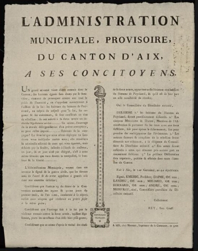 L’administration municipale, provisoire, du canton d'Aix, à ses concitoyens